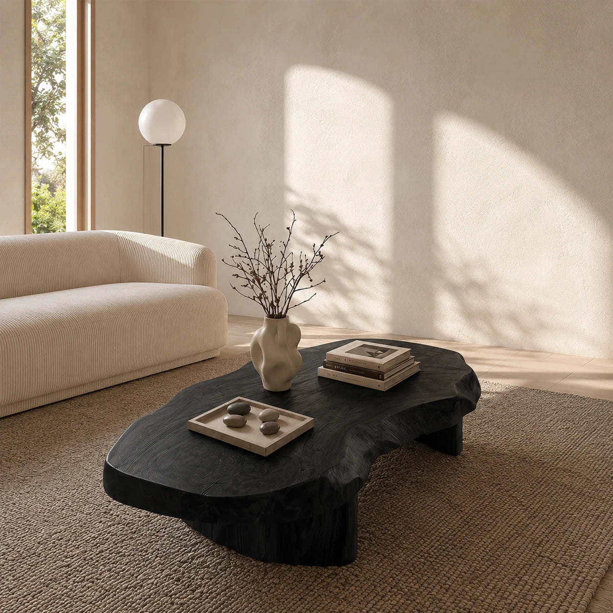 Statement coffee table with natural curves and low pedestal legs for refined modern homes
