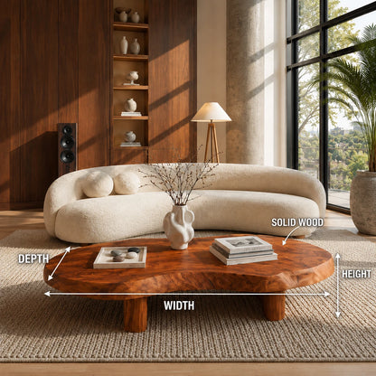 Contemporary coffee table with sculpted edges and substantial wood base for open spaces
