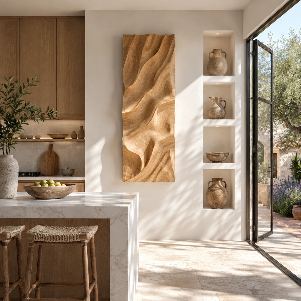 Placed on a high wall, this textured art panel draws the eye with fluid carved movement