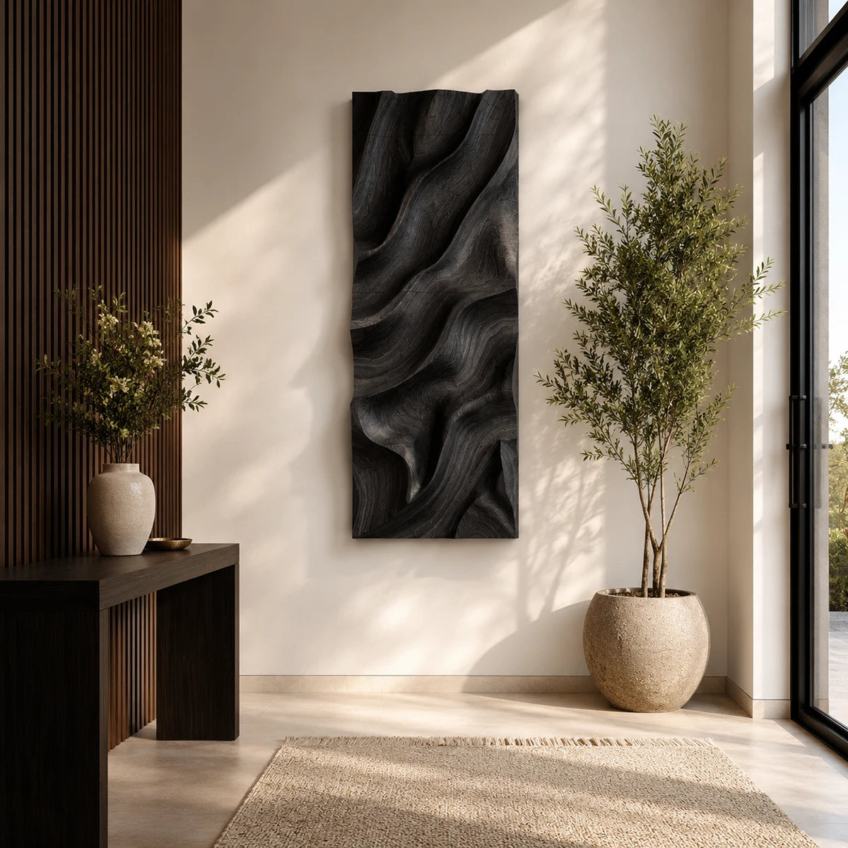 Curved relief details turn this modern wall sculpture into a refined interior centerpiece