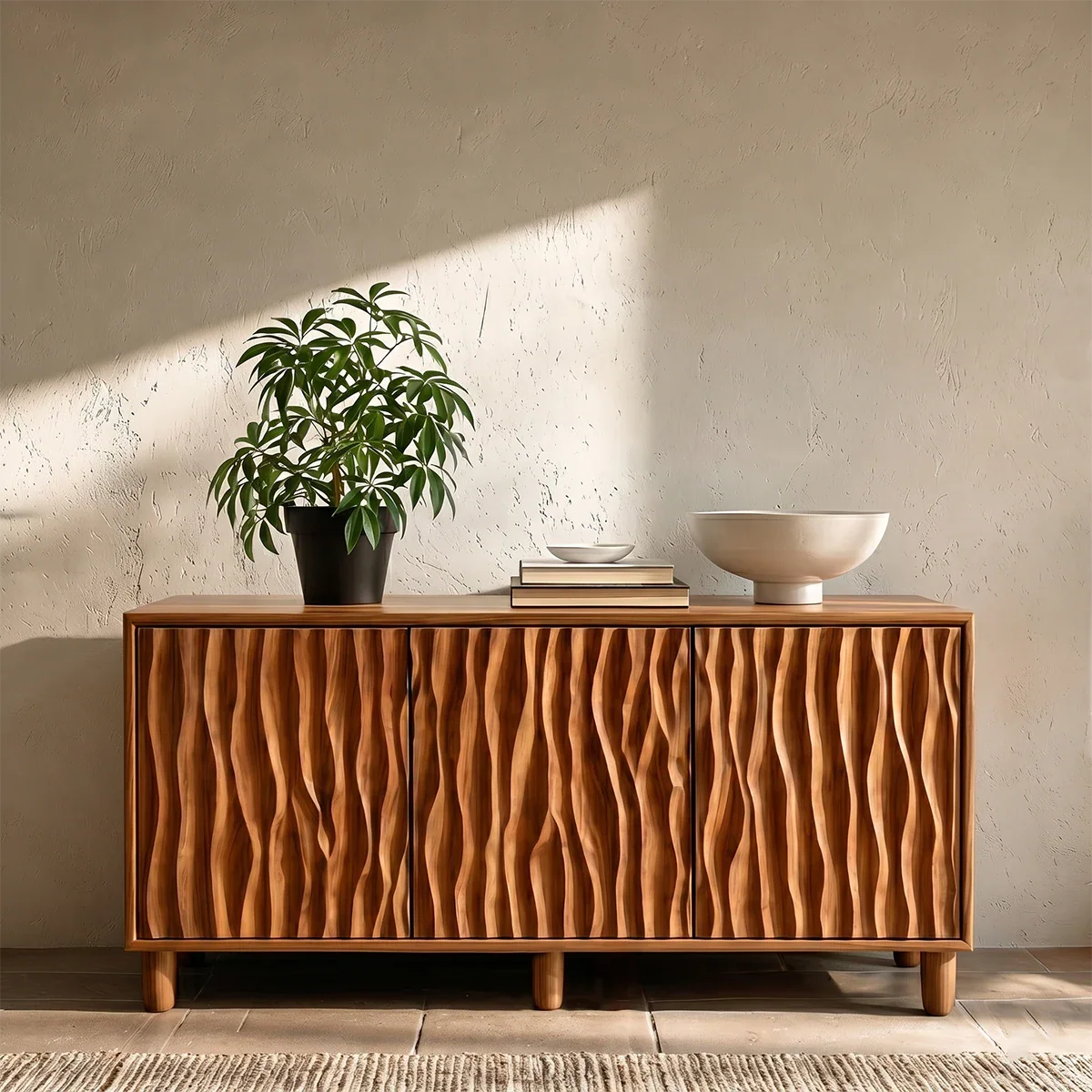 Modern sideboard storage cabinet with textured front panels and elegant clean silhouette