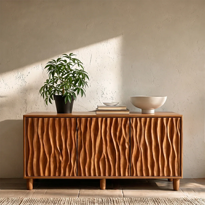 Modern sideboard storage cabinet with textured front panels and elegant clean silhouette