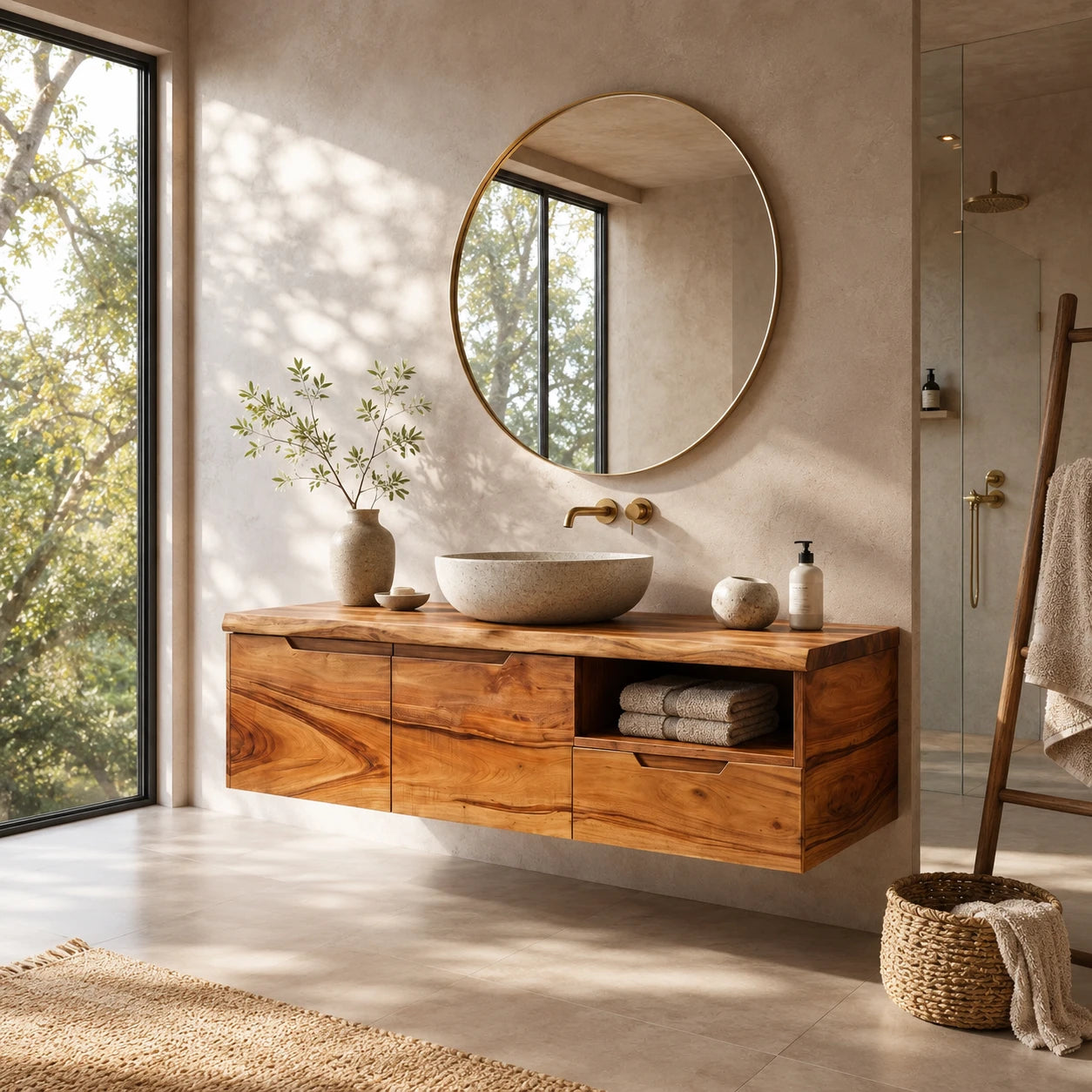 Wall Mounted Solid Wood Bathroom Vanity With Open Storage and One Drawer - ArborisWood - 10