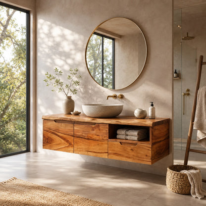 Wall Mounted Solid Wood Bathroom Vanity With Open Storage and One Drawer - ArborisWood - 10