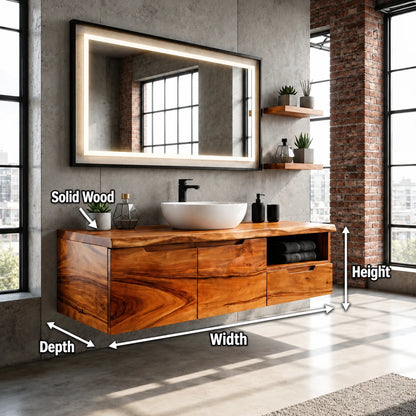 Wall Mounted Solid Wood Bathroom Vanity With Open Storage and One Drawer - ArborisWood - 11