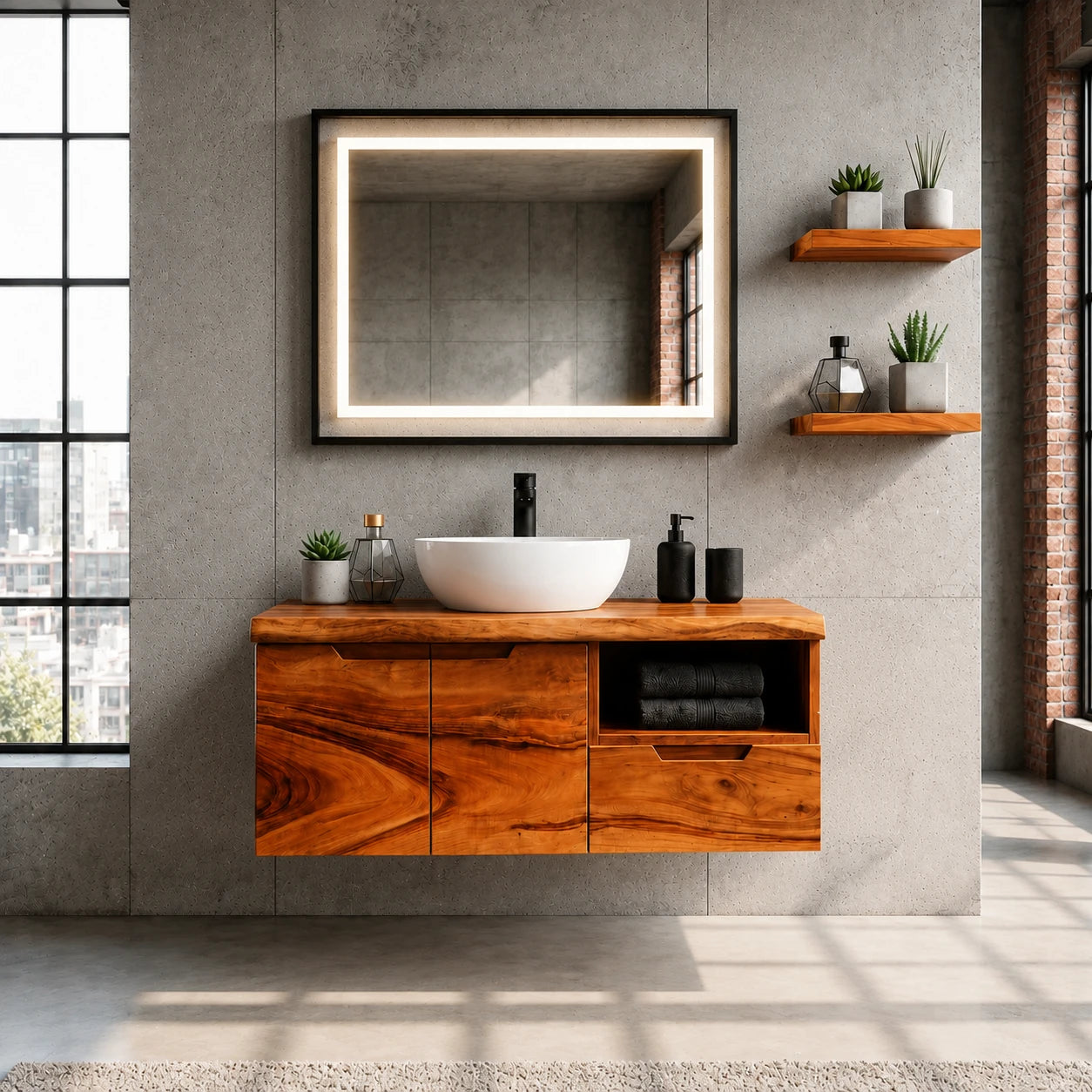 Wall Mounted Solid Wood Bathroom Vanity With Open Storage and One Drawer - ArborisWood - 12