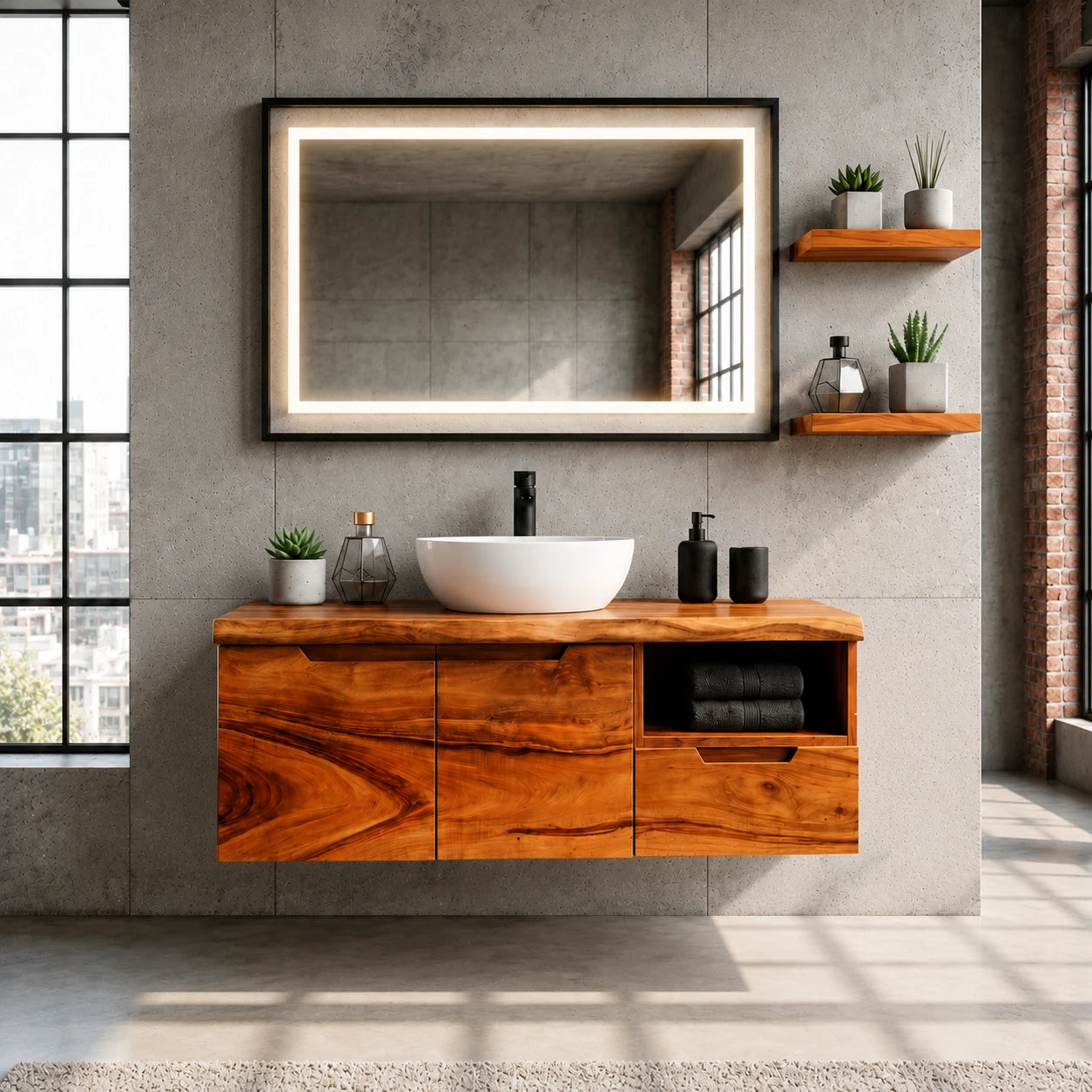 Wall Mounted Solid Wood Bathroom Vanity With Open Storage and One Drawer - ArborisWood - 13