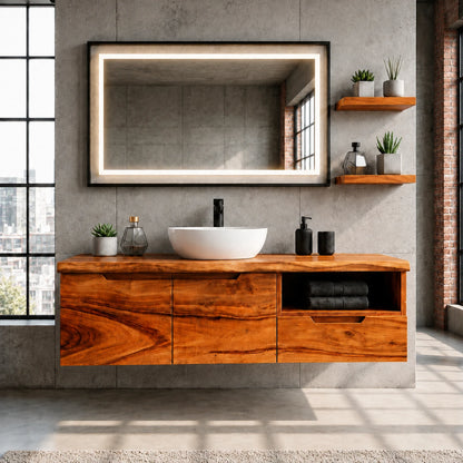 Wall Mounted Solid Wood Bathroom Vanity With Open Storage and One Drawer - ArborisWood - 14