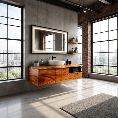 Wall Mounted Solid Wood Bathroom Vanity With Open Storage and One Drawer - ArborisWood - 2