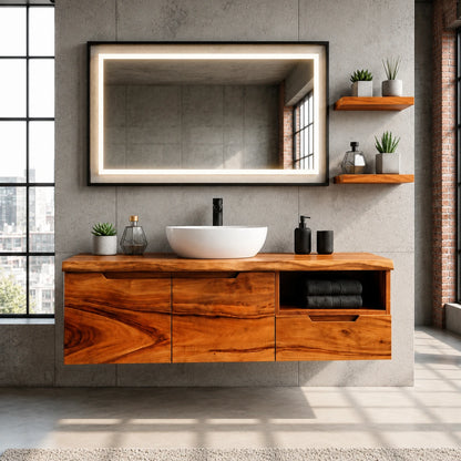 Wall Mounted Solid Wood Bathroom Vanity With Open Storage and One Drawer - ArborisWood - 3