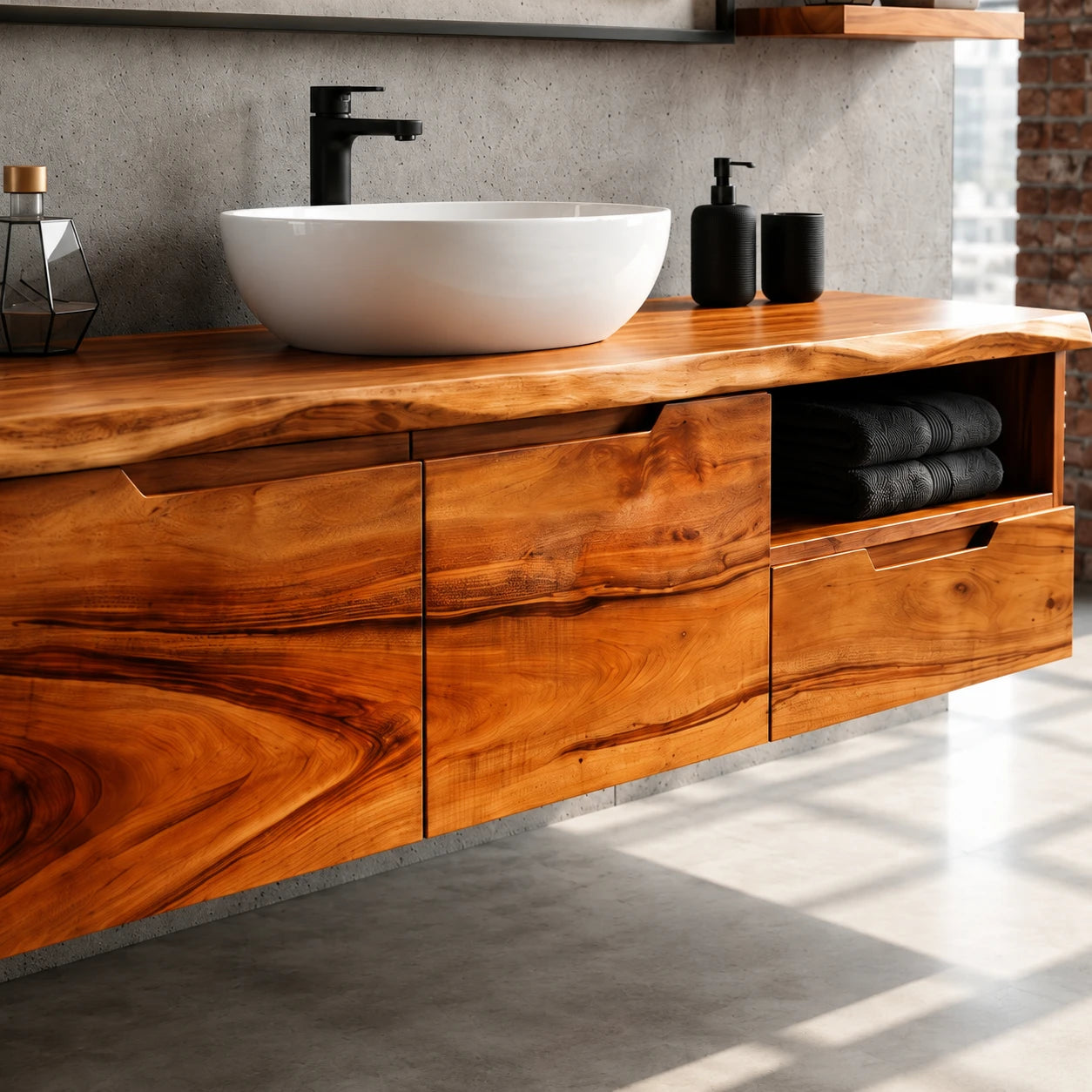Wall Mounted Solid Wood Bathroom Vanity With Open Storage and One Drawer - ArborisWood - 4