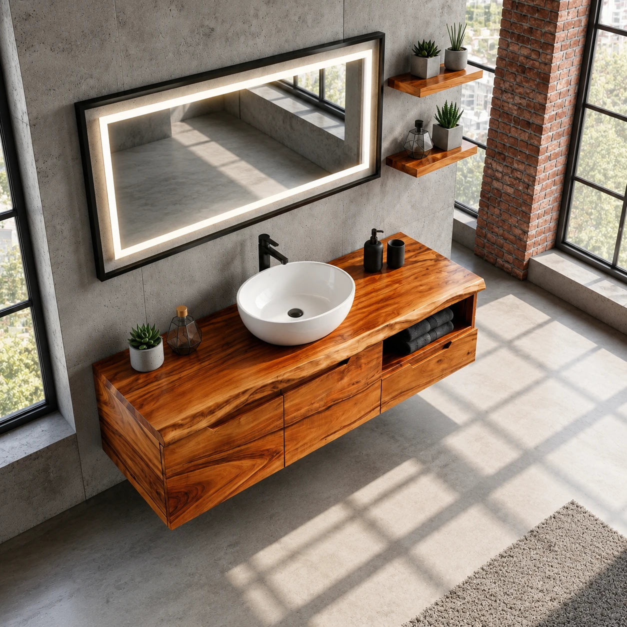 Wall Mounted Solid Wood Bathroom Vanity With Open Storage and One Drawer - ArborisWood - 5