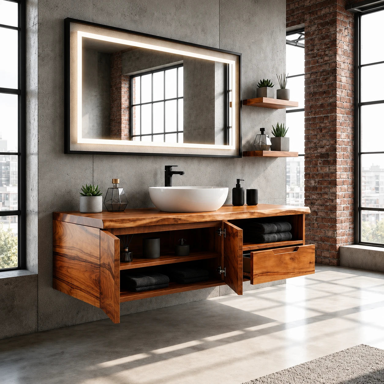 Wall Mounted Solid Wood Bathroom Vanity With Open Storage and One Drawer - ArborisWood - 6