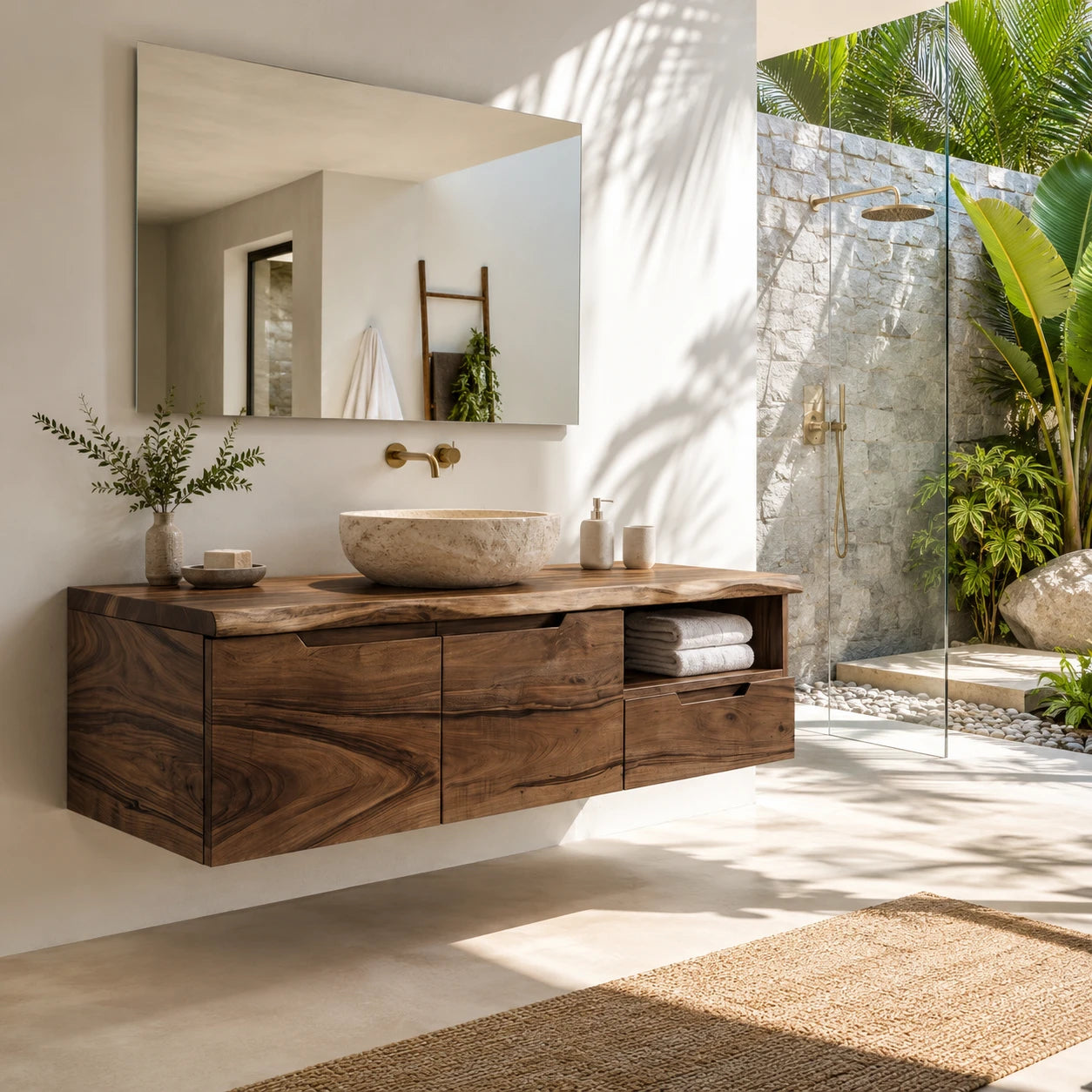 Wall Mounted Solid Wood Bathroom Vanity With Open Storage and One Drawer - ArborisWood - 7