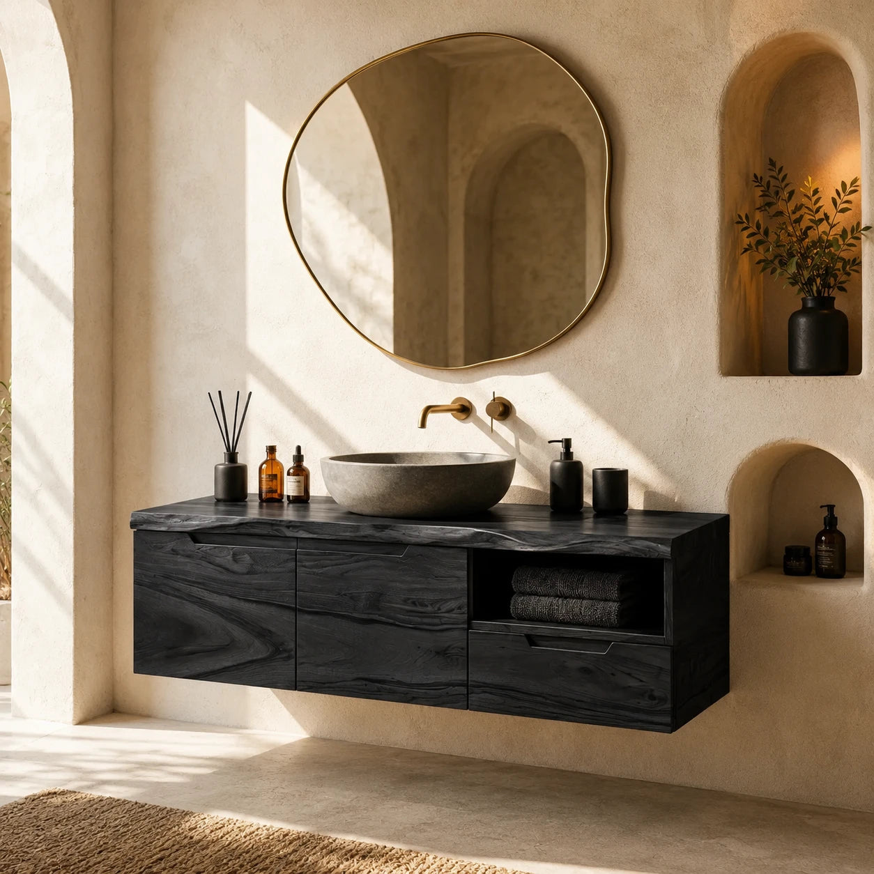 Wall Mounted Solid Wood Bathroom Vanity With Open Storage and One Drawer - ArborisWood - 9