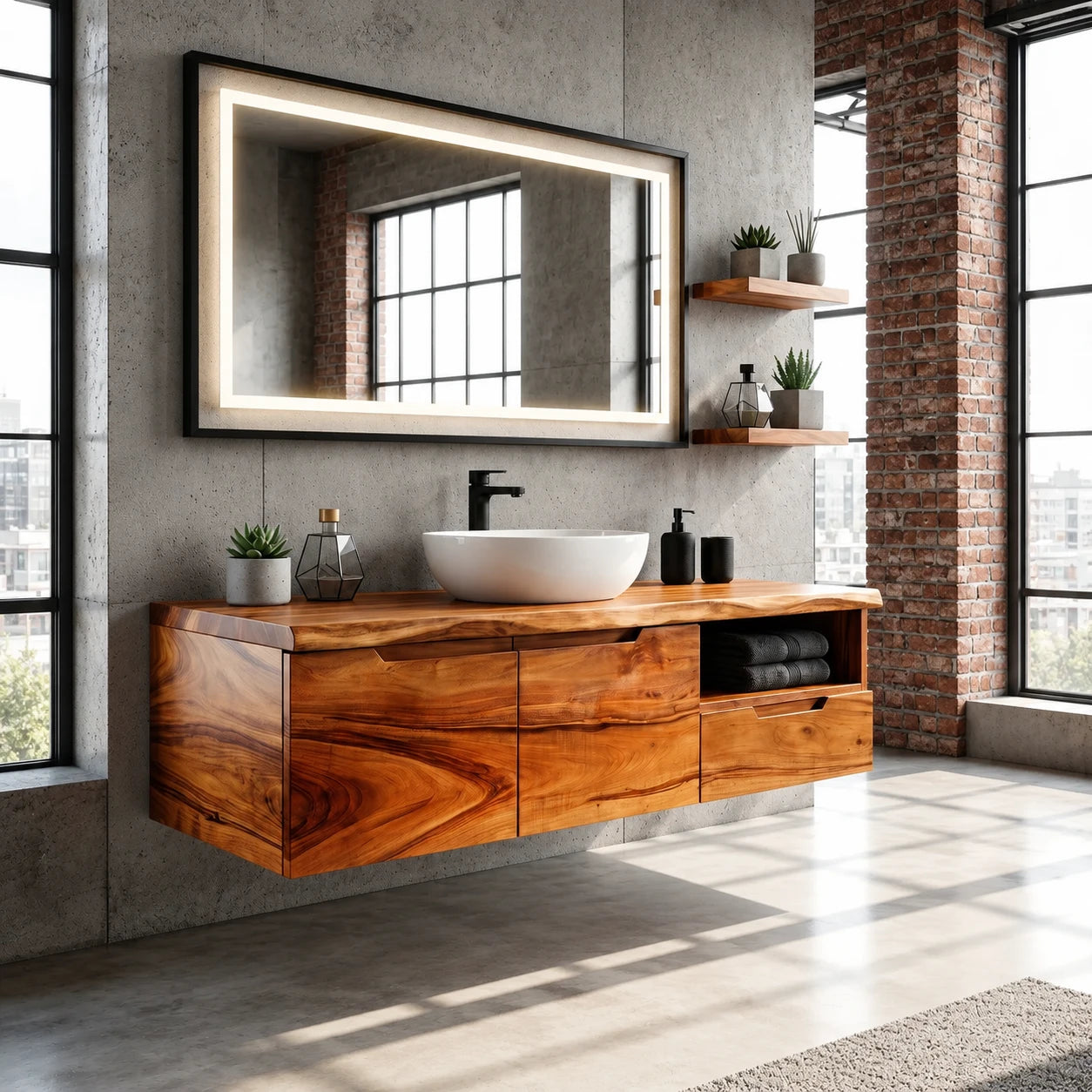 Wall Mounted Solid Wood Bathroom Vanity With Open Storage and One Drawer - ArborisWood