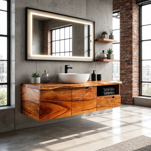 Wall Mounted Solid Wood Bathroom Vanity With Open Storage and One Drawer - ArborisWood