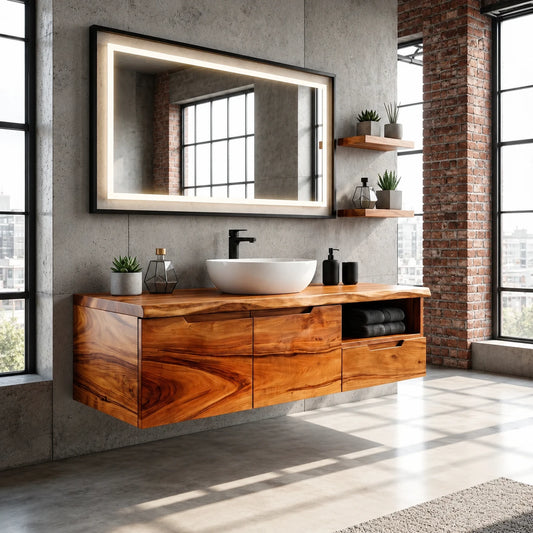 Wall Mounted Solid Wood Bathroom Vanity With Open Storage and One Drawer - ArborisWood