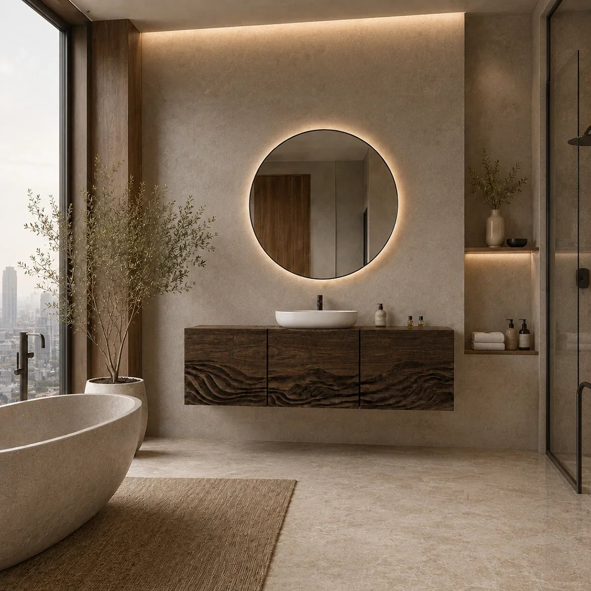 Bathroom Vanity with Hand-Carved Wave Drawers in Natural Solid Wood - Arboriswood - 6