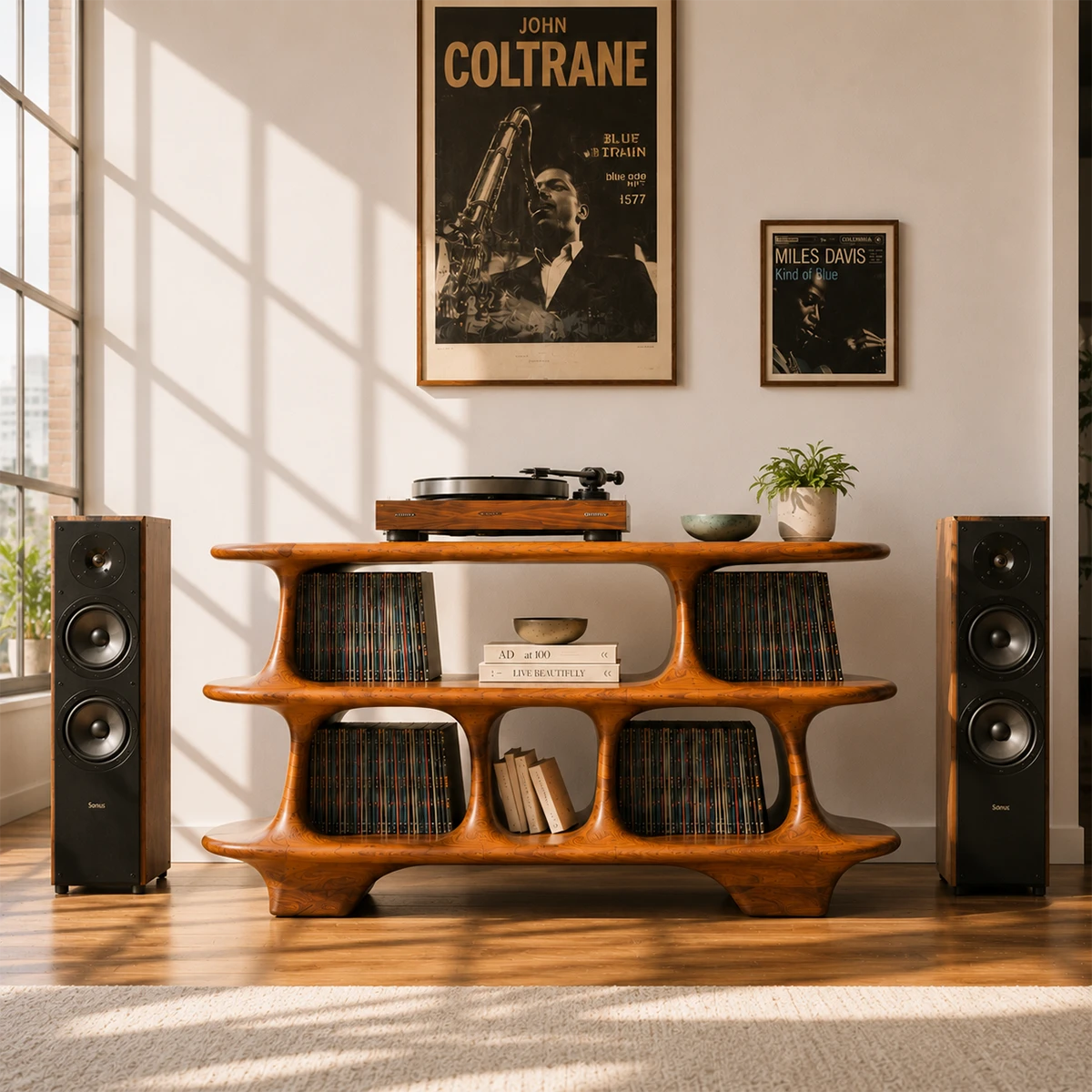 Warm Natural Solid Wood Record Player Stand With Open Vinyl Storage - ArborisWood - 4