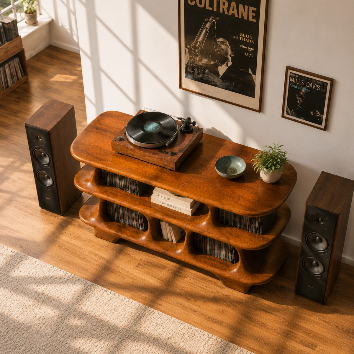 Warm Natural Solid Wood Record Player Stand With Open Vinyl Storage - ArborisWood - 6