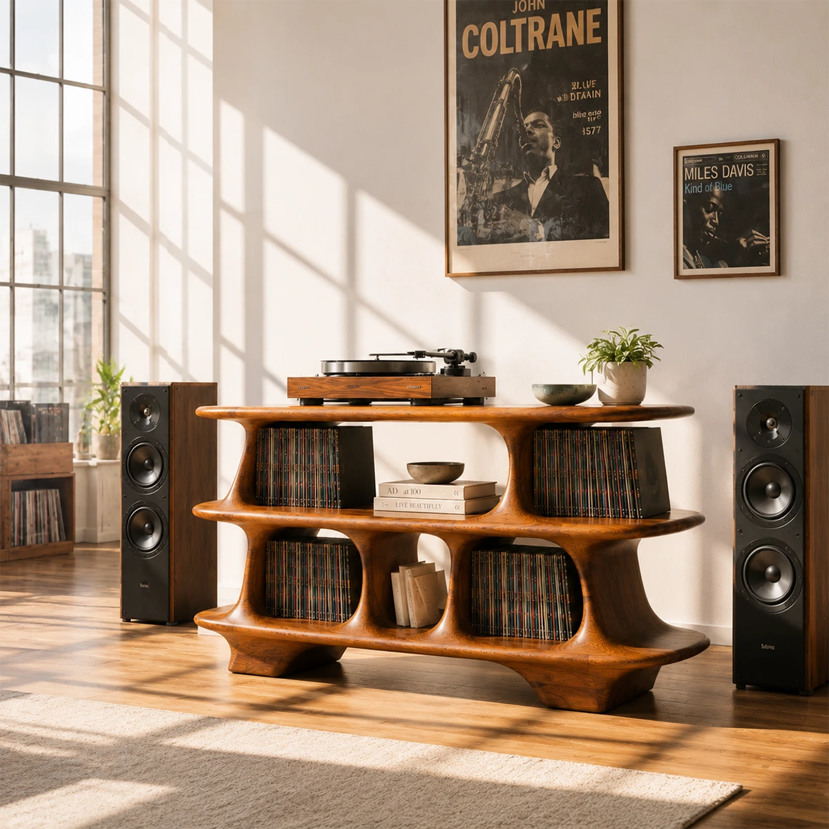 Warm Natural Solid Wood Record Player Stand With Open Vinyl Storage - ArborisWood