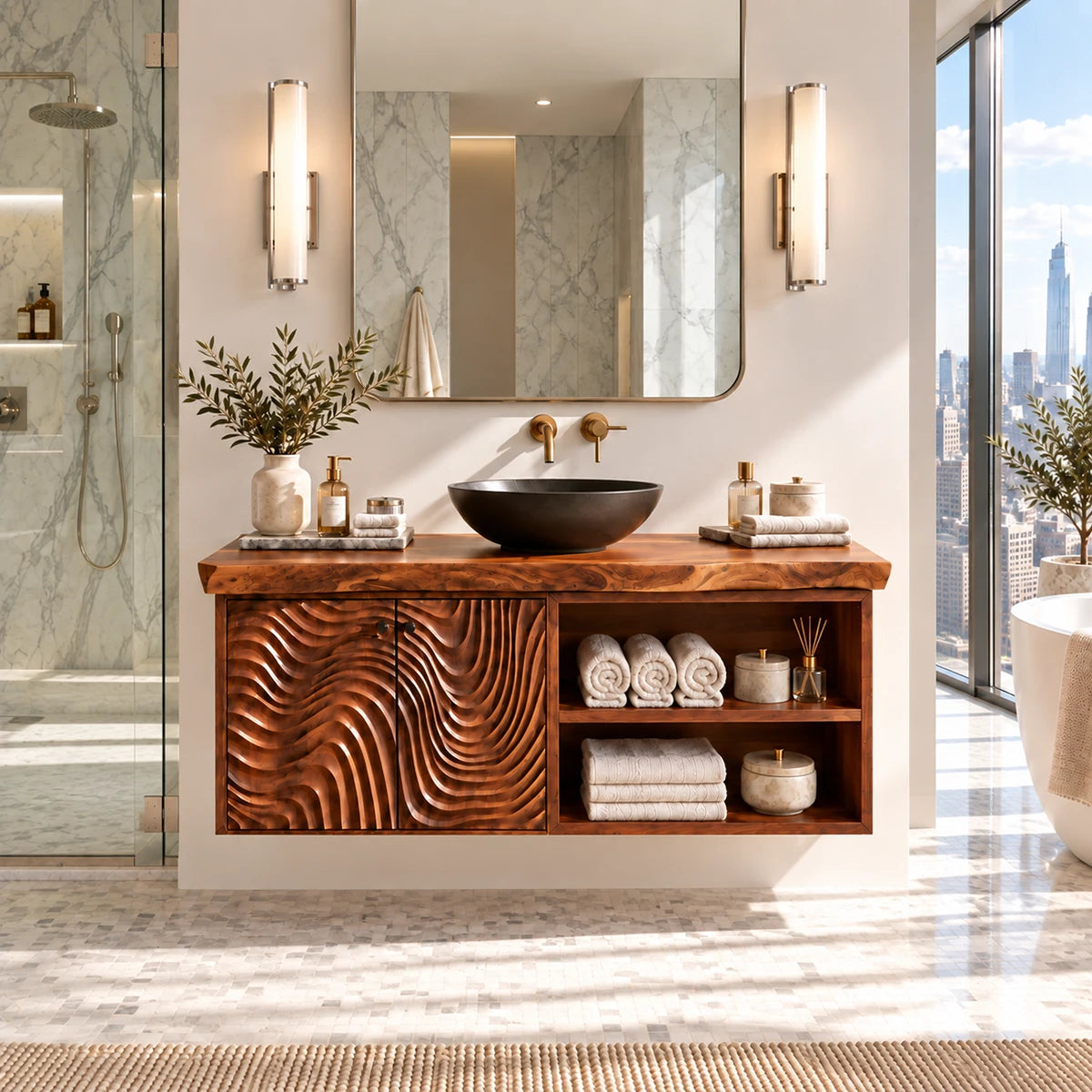 Clean lined bath vanity in natural solid wood with textured doors and towel shelving