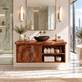 Clean lined bath vanity in natural solid wood with textured doors and towel shelving