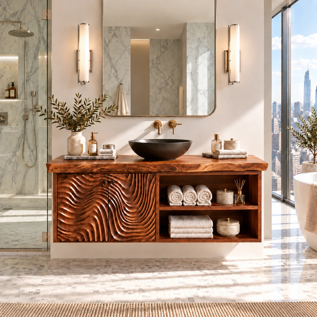 Modern vanity cabinet in natural solid wood with sculpted doors and open compartments
