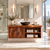 Modern vanity cabinet in natural solid wood with sculpted doors and open compartments