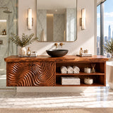 Natural solid wood bathroom vanity with wave carved doors and practical shelf storage
