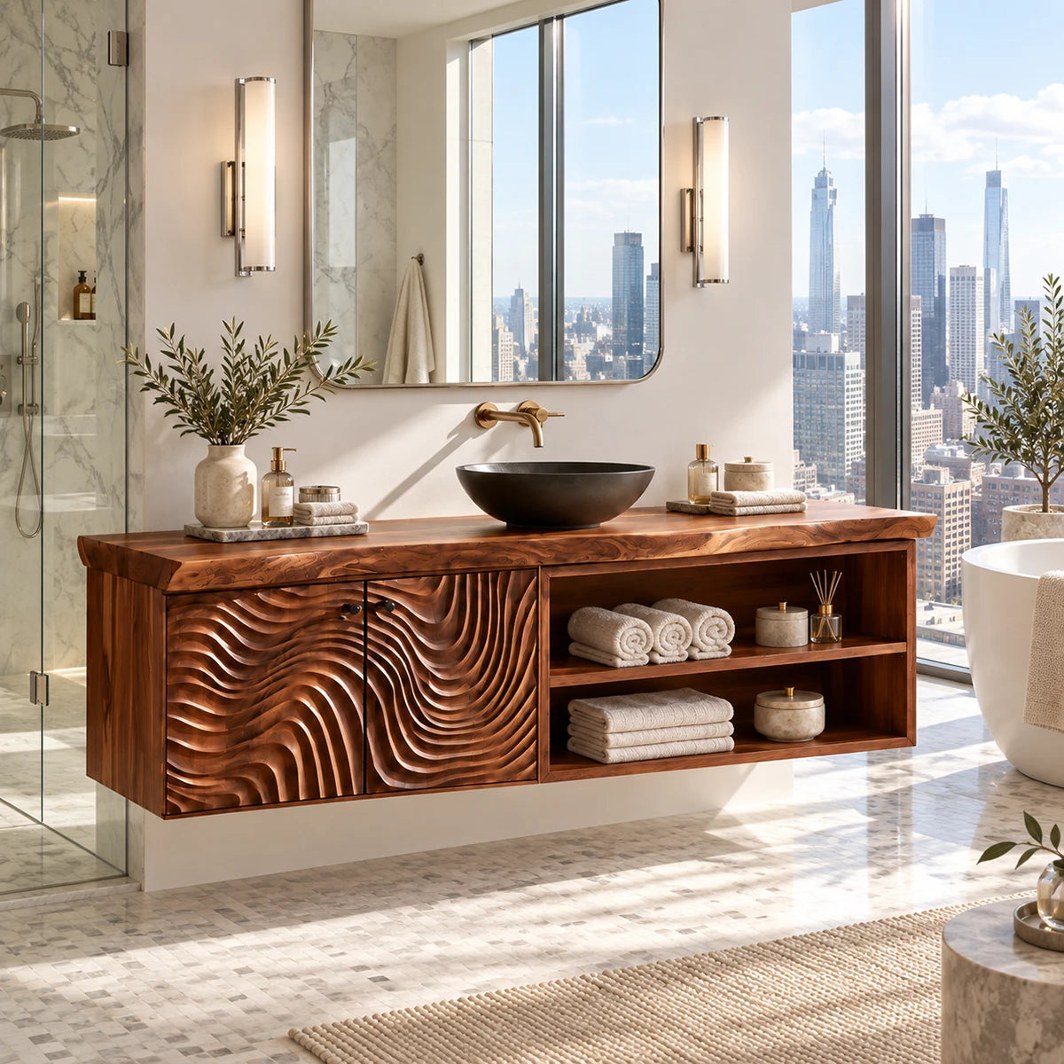 Floating bathroom vanity in natural solid wood with wave doors and open towel shelves