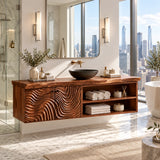 Floating bathroom vanity in natural solid wood with wave doors and open towel shelves