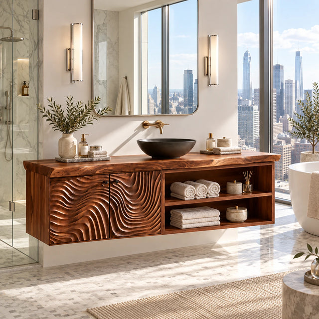 Floating bathroom vanity in natural solid wood with wave doors and open towel shelves
