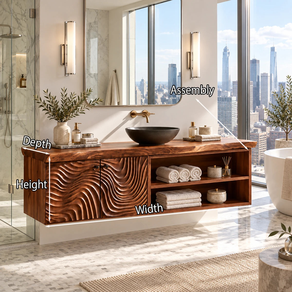 Statement bathroom vanity in natural solid wood with carved panels and open shelves