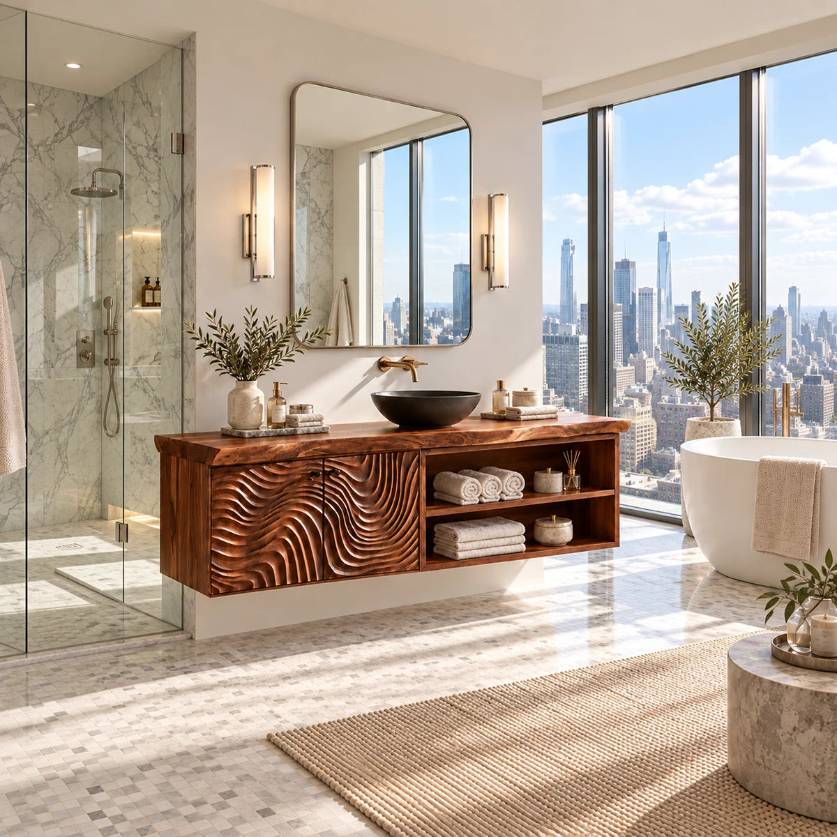 Wall mounted vanity in natural solid wood with sculpted doors and side shelf storage
