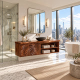 Wall mounted vanity in natural solid wood with sculpted doors and side shelf storage