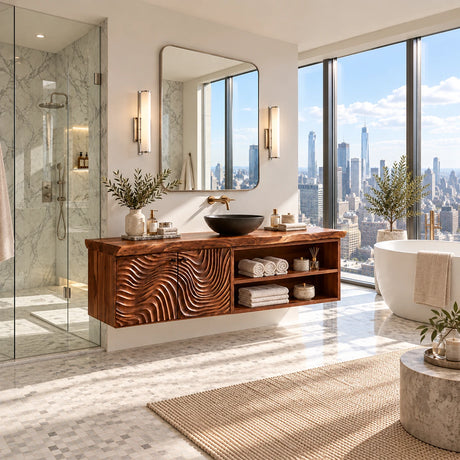 Wall mounted vanity in natural solid wood with sculpted doors and side shelf storage