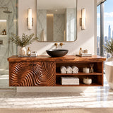 Modern bathroom vanity in natural solid wood with textured fronts and open storage