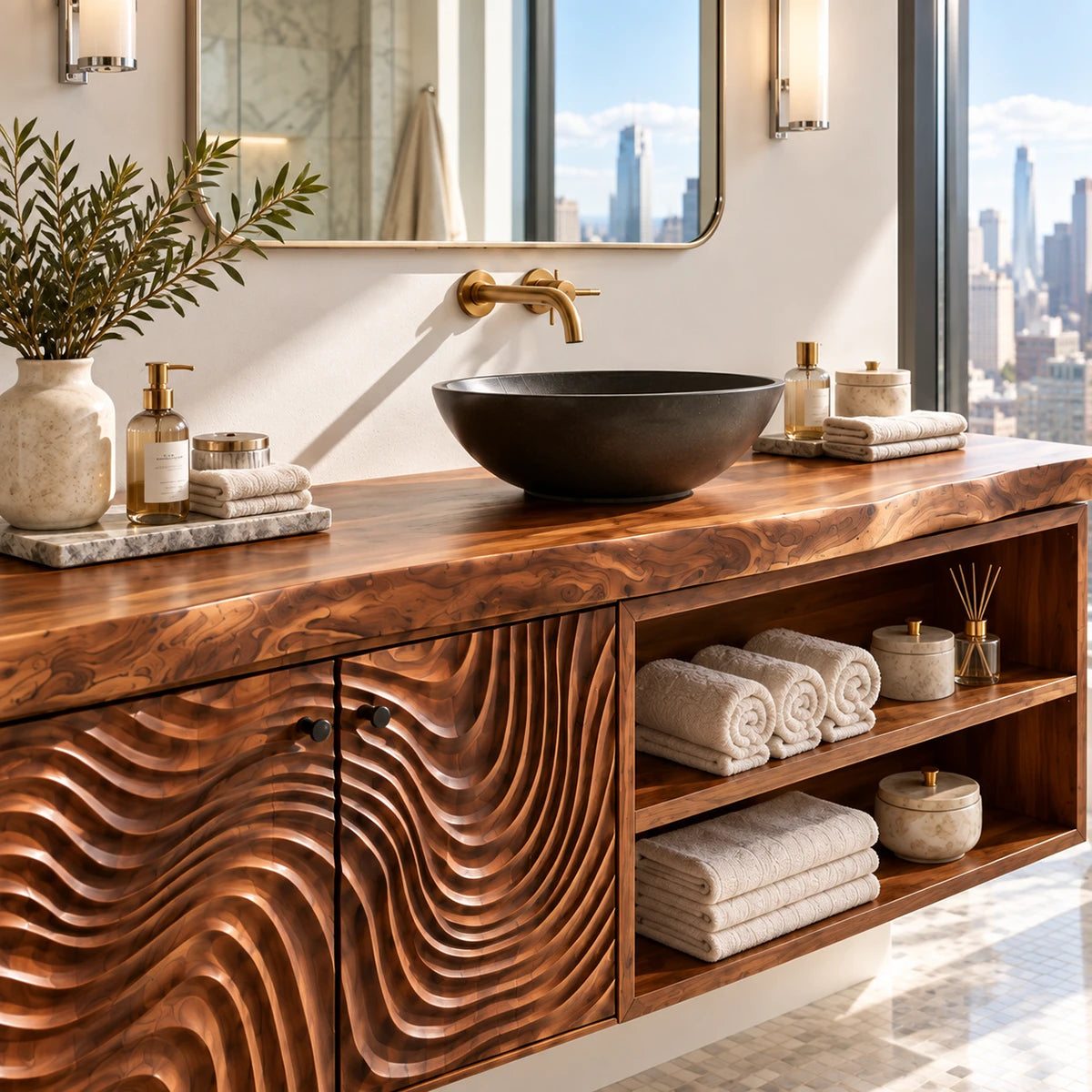 Open shelf bathroom vanity in natural solid wood with carved doors and towel storage