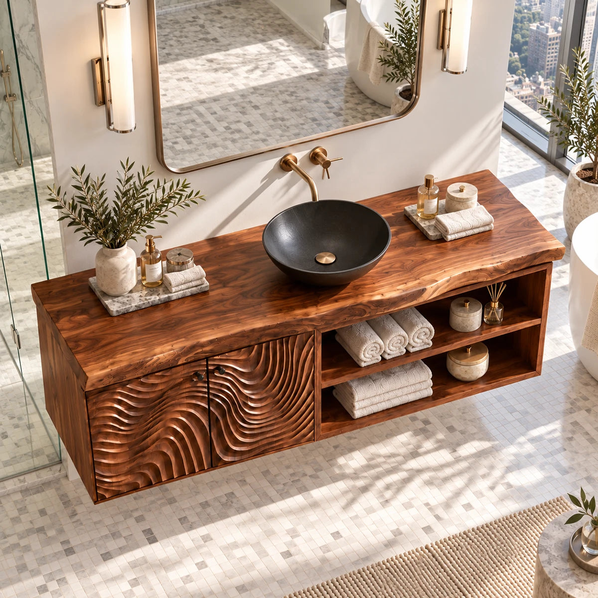 Contemporary vanity cabinet in natural solid wood with wave panels and side cubbies