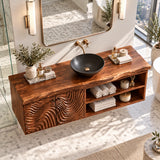 Contemporary vanity cabinet in natural solid wood with wave panels and side cubbies