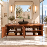 Designer bathroom vanity in natural solid wood with sculpted fronts and open shelves