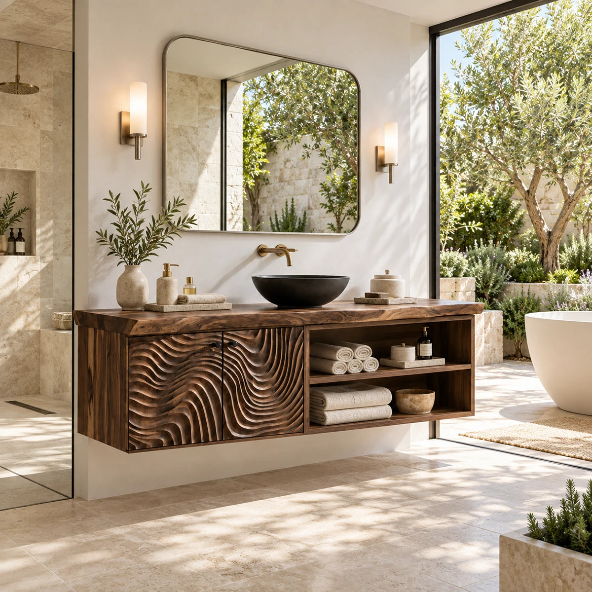 Minimalist bath vanity in natural solid wood with carved doors and towel cubbies