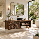 Minimalist bath vanity in natural solid wood with carved doors and towel cubbies