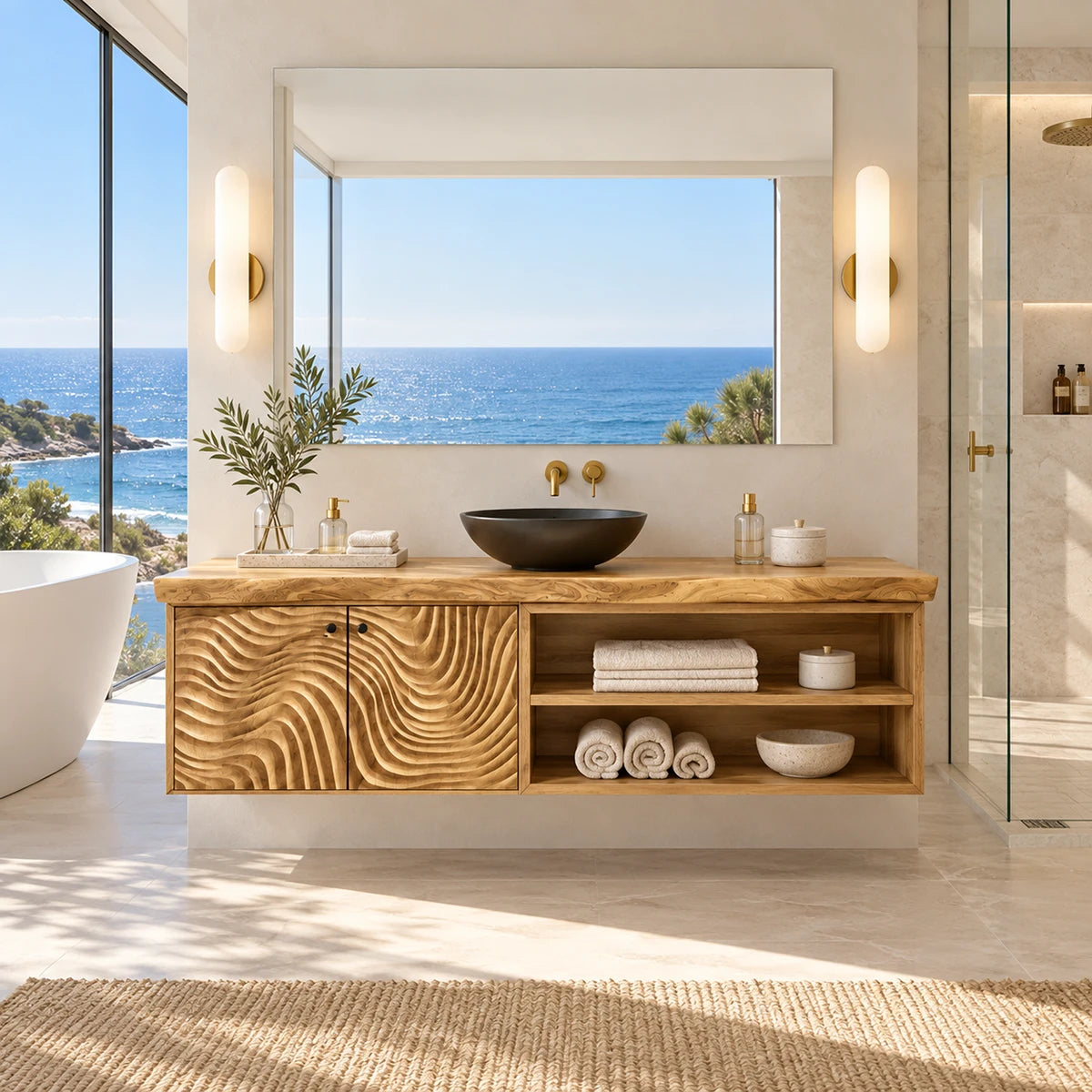 Storage focused vanity in natural solid wood with cabinet doors and open shelving