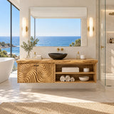 Storage focused vanity in natural solid wood with cabinet doors and open shelving