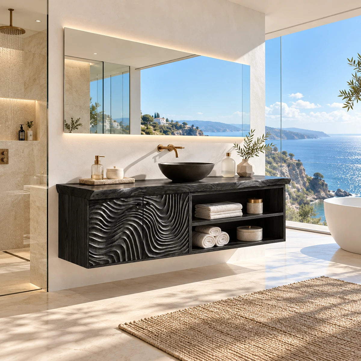 Refined floating vanity in natural solid wood with wave fronts and open side storage