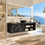 Refined floating vanity in natural solid wood with wave fronts and open side storage
