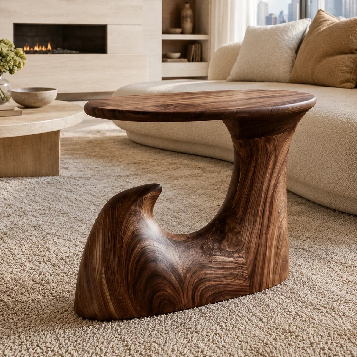 Designer side table with sculpted curves and visible grain in a luxury living space